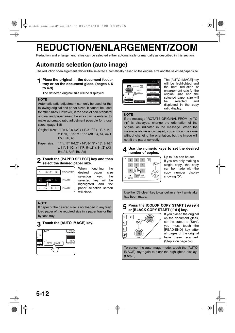 Reduction/enlargement/zoom, Automatic selection (auto image), Reduction/enlargement/zoom -12 | Automatic selection (auto image) -12 | Sharp AR-BC260 User Manual | Page 90 / 140