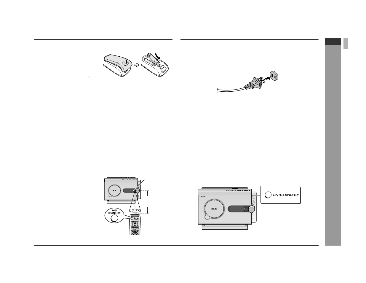 Remote control, Ac power connection, Battery installation | Test of the remote control, Connecting the ac power cord | Sharp SD-PX2 User Manual | Page 19 / 68