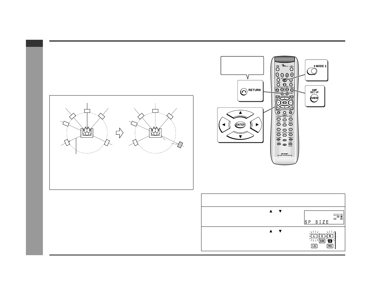 Changing the default settings of the amplifier, Ad v a nced features, Speaker size setting | Sharp SD-PX2 User Manual | Page 48 / 68