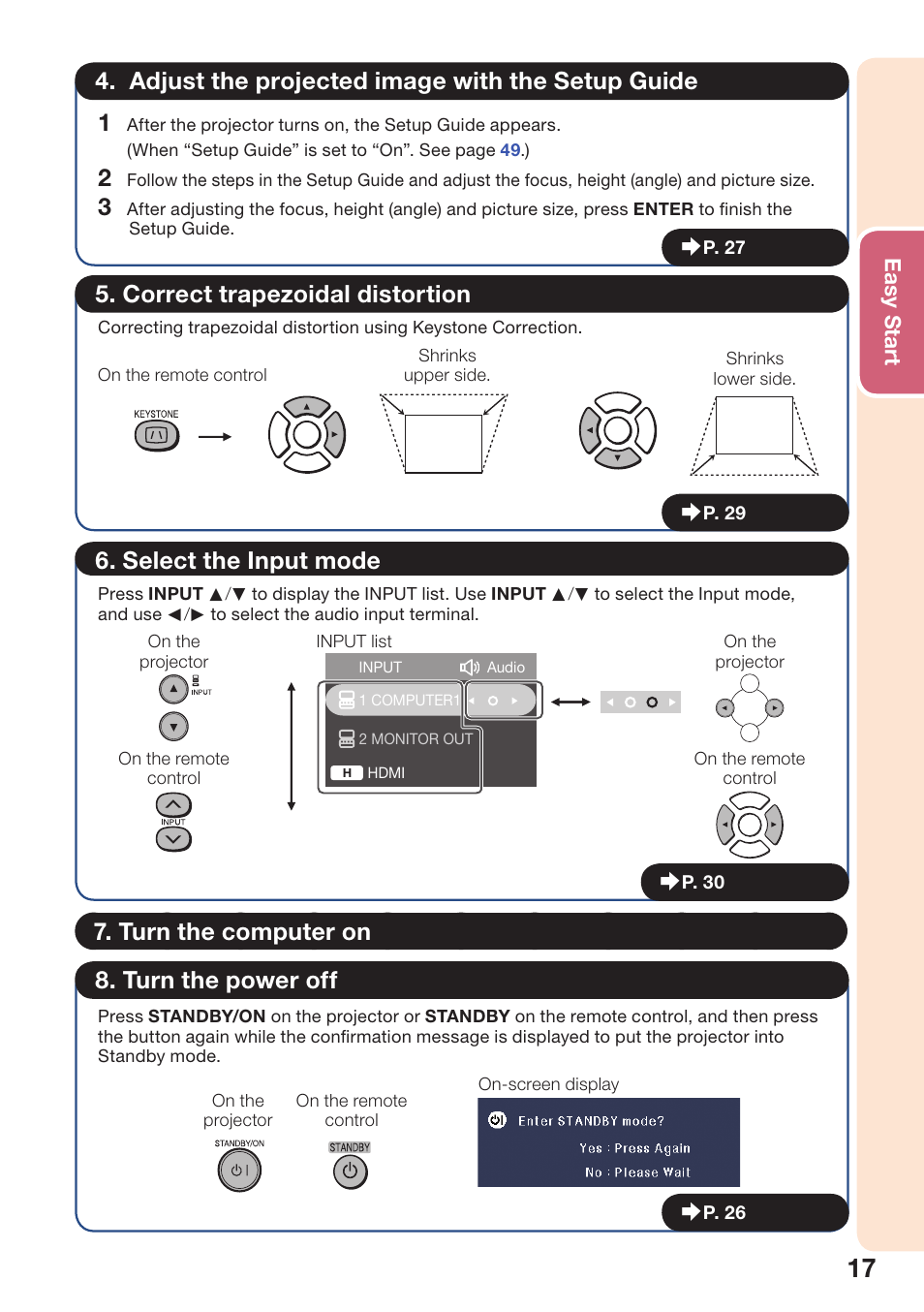 Adjust the projected image with the setup guide, Correct trapezoidal distortion, Select the input mode | Turn the computer on, Turn the power off | Sharp PG-D3550W User Manual | Page 21 / 75