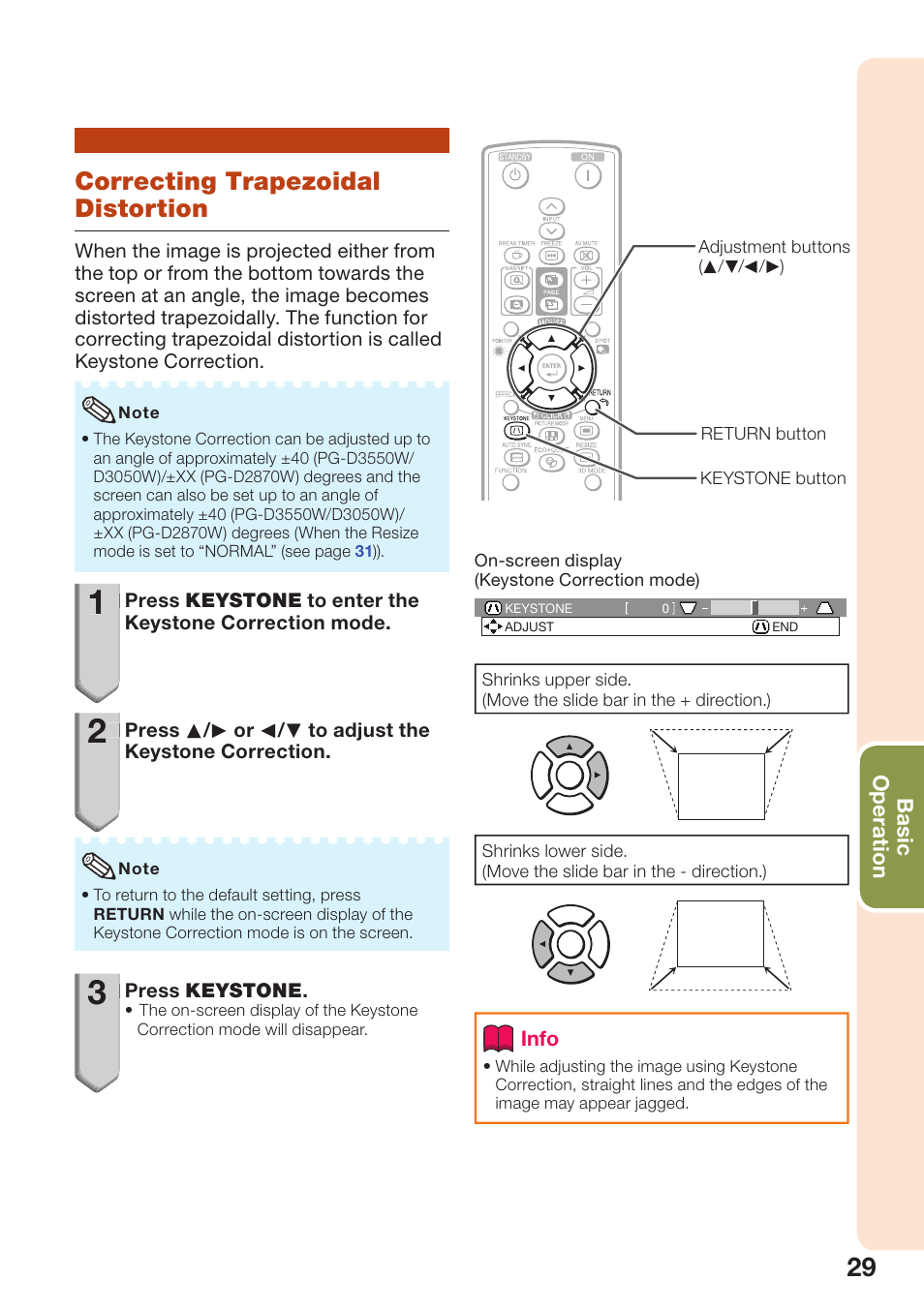 Correcting trapezoidal distortion | Sharp PG-D3550W User Manual | Page 33 / 75