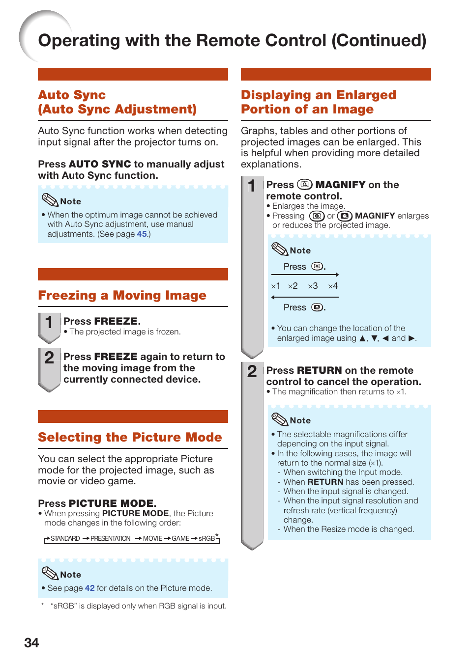 Operating with the remote control (continued), Auto sync (auto sync adjustment), Freezing a moving image | Selecting the picture mode, Displaying an enlarged portion of an image | Sharp PG-D3550W User Manual | Page 38 / 75