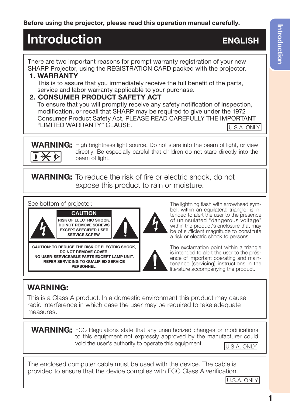 Introduction, English, Warning | Sharp PG-D3550W User Manual | Page 5 / 75