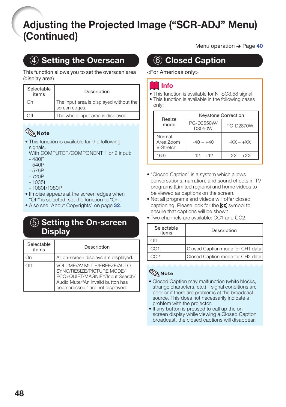 48 4 setting the overscan, 5 setting the on-screen display, 6 closed caption | Info | Sharp PG-D3550W User Manual | Page 52 / 75