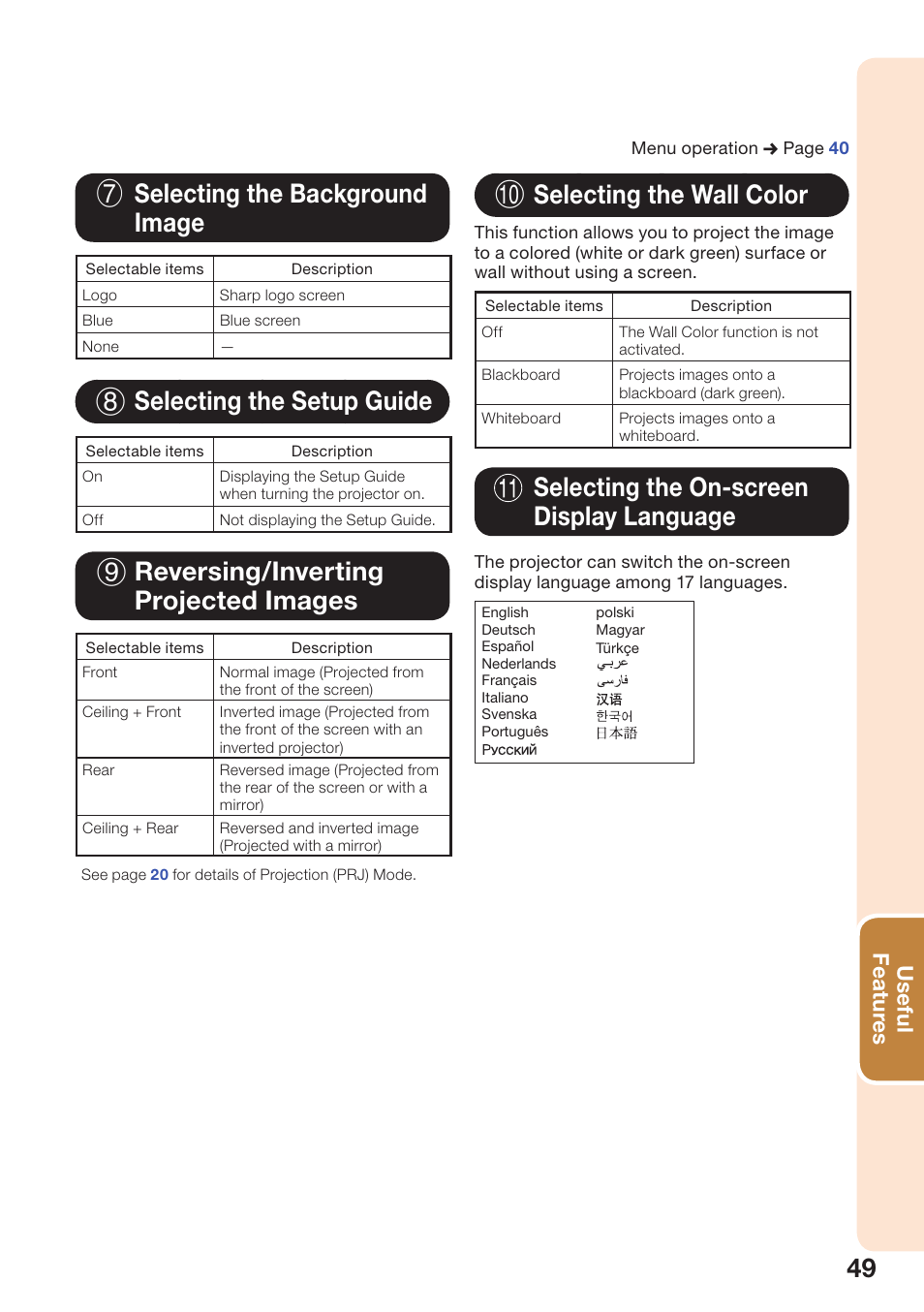 7 selecting the background image, 8 selecting the setup guide, 9 reversing/inverting projected images | 0 selecting the wall color, Selecting the on-screen display language, Useful featur es | Sharp PG-D3550W User Manual | Page 53 / 75