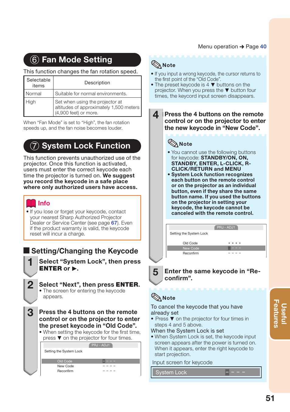 6 fan mode setting, 7 system lock function, A setting/changing the keycode | Sharp PG-D3550W User Manual | Page 55 / 75