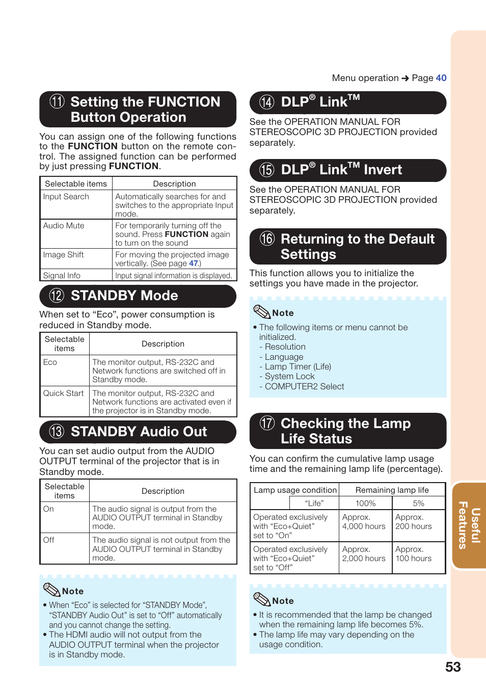 Setting the function button operation, Standby mode, Standby audio out | Link, Invert, Returning to the default settings, Checking the lamp life status, Useful featur es | Sharp PG-D3550W User Manual | Page 57 / 75