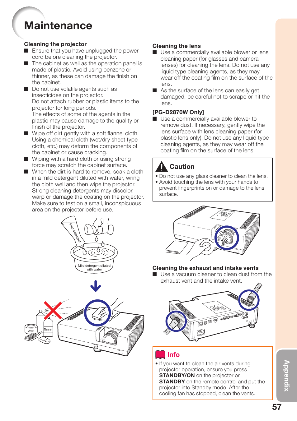 Maintenance, Appendix, Caution | Info | Sharp PG-D3550W User Manual | Page 61 / 75