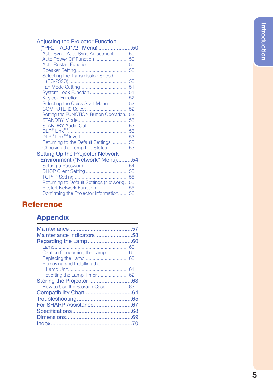 Reference, Appendix, Intr oduction | Sharp PG-D3550W User Manual | Page 9 / 75