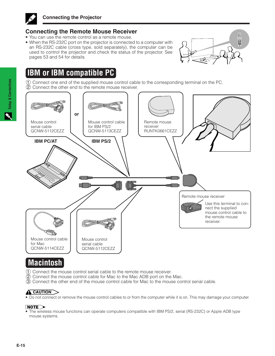 Ibm or ibm compatible pc, Macintosh, Connecting the remote mouse receiver | Sharp XG-NV7XU User Manual | Page 16 / 66