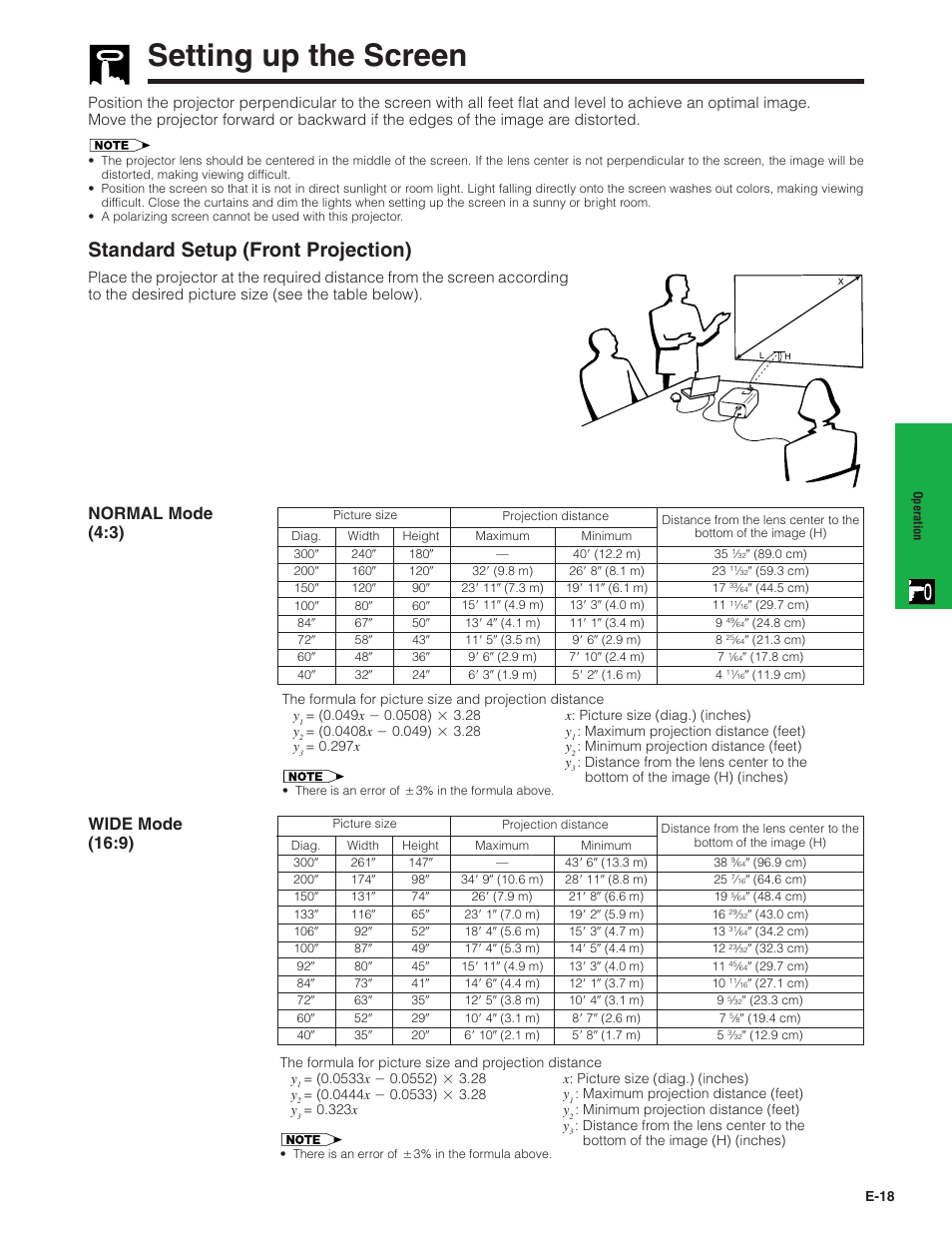 Setting up the screen, Setting up the screen …………………………… 18, Standard setup (front projection) | Sharp XG-NV7XU User Manual | Page 19 / 66