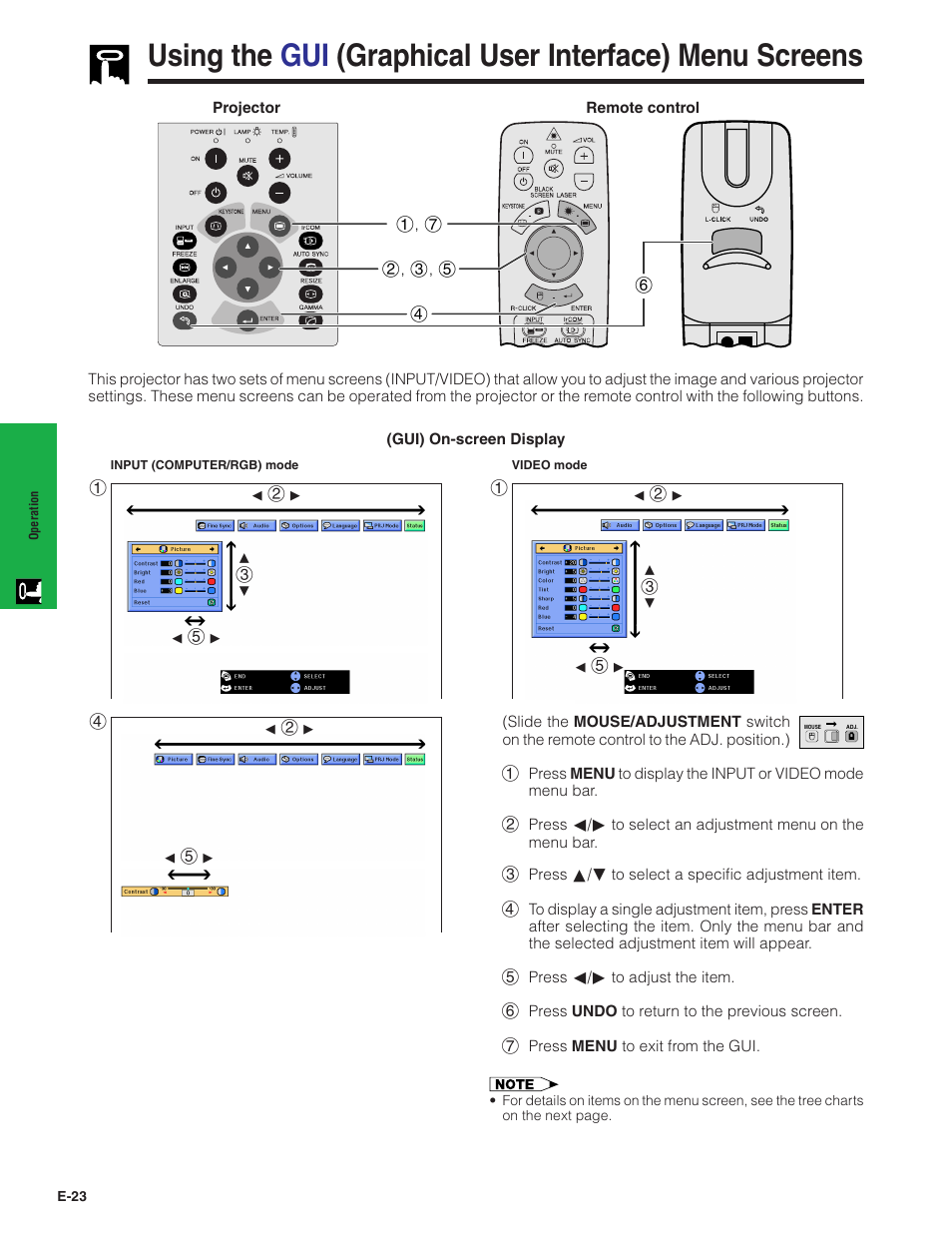 Using the gui (graphical user interface), Menu screens ………………………………… 23 | Sharp XG-NV7XU User Manual | Page 24 / 66