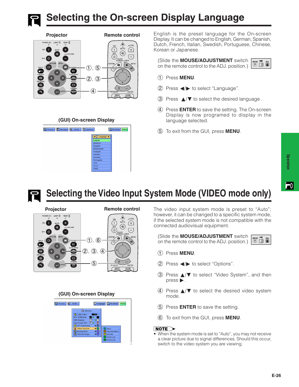 Selecting the on-screen display language, Video mode only) …………………………… 26 | Sharp XG-NV7XU User Manual | Page 27 / 66