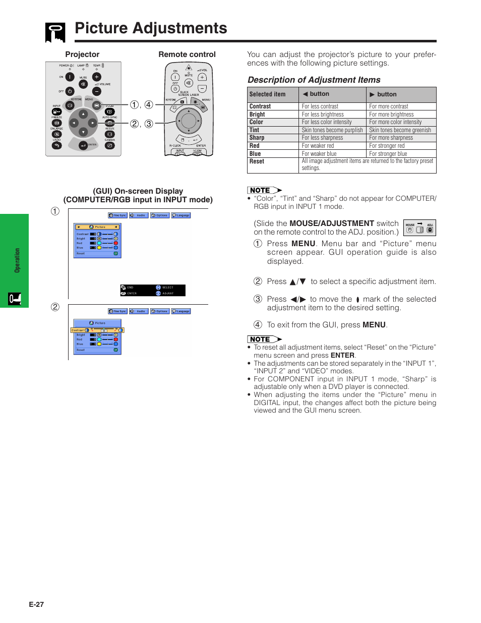 Picture adjustments, Picture adjustments ……………………………… 27 | Sharp XG-NV7XU User Manual | Page 28 / 66