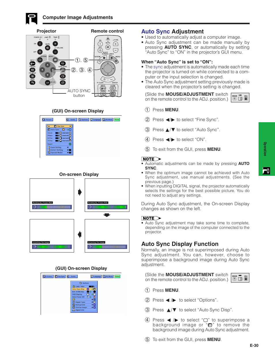 Auto sync adjustment, Auto sync display function, Gs f | Sharp XG-NV7XU User Manual | Page 31 / 66