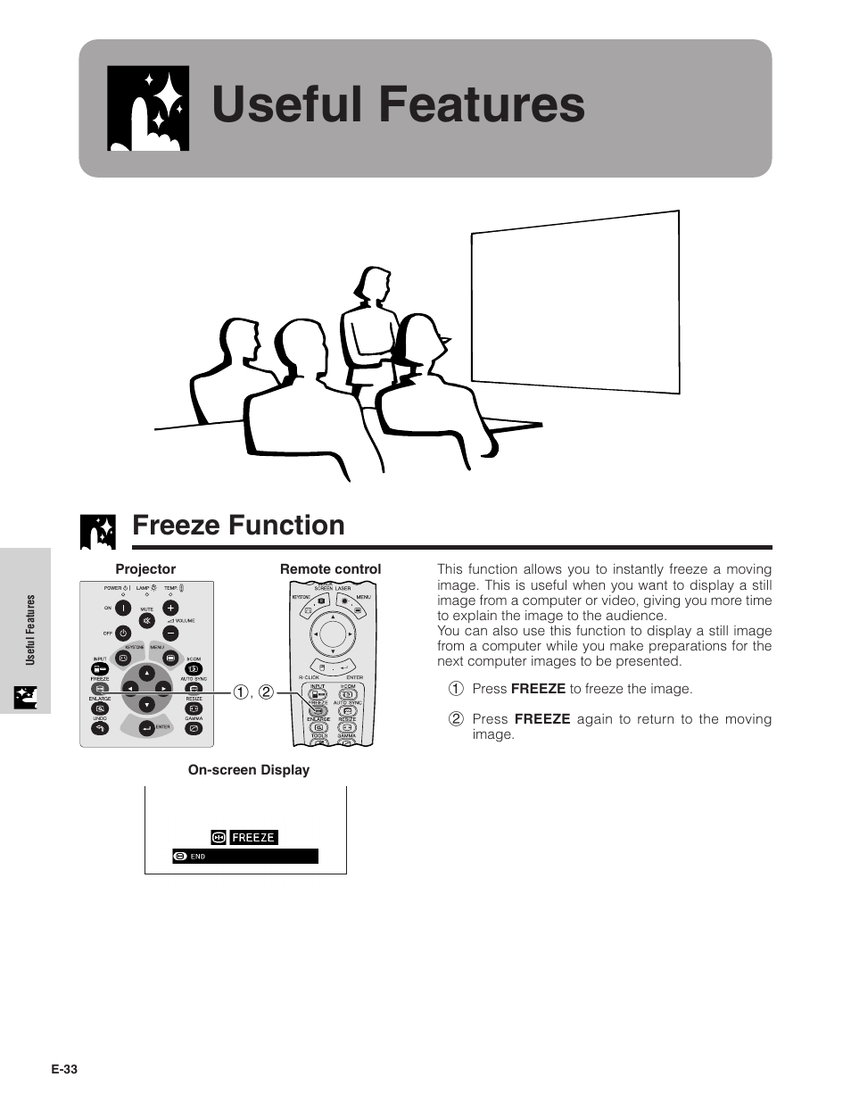 Useful features, Freeze function, Freeze function …………………………………… 33 | Sharp XG-NV7XU User Manual | Page 34 / 66