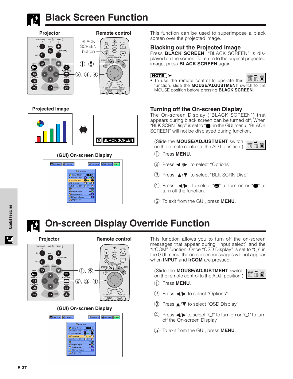 Black screen function, On-screen display override function | Sharp XG-NV7XU User Manual | Page 38 / 66