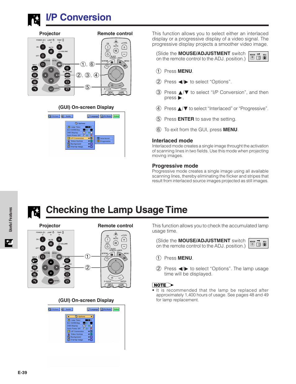 I/p conversion, Checking the lamp usage time | Sharp XG-NV7XU User Manual | Page 40 / 66