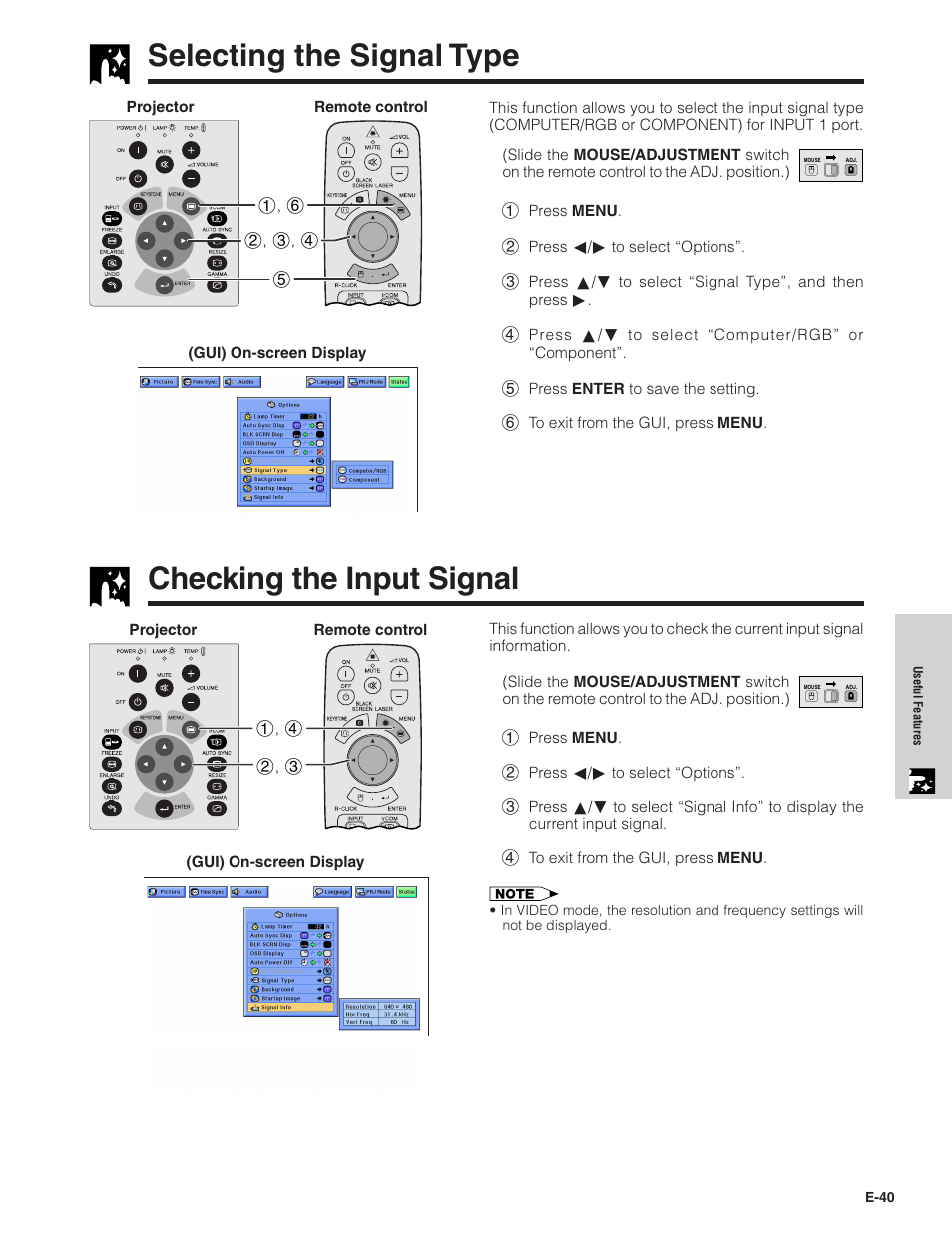 Selecting the signal type, Checking the input signal, Checking the input signal ……………………… 40 | Sharp XG-NV7XU User Manual | Page 41 / 66