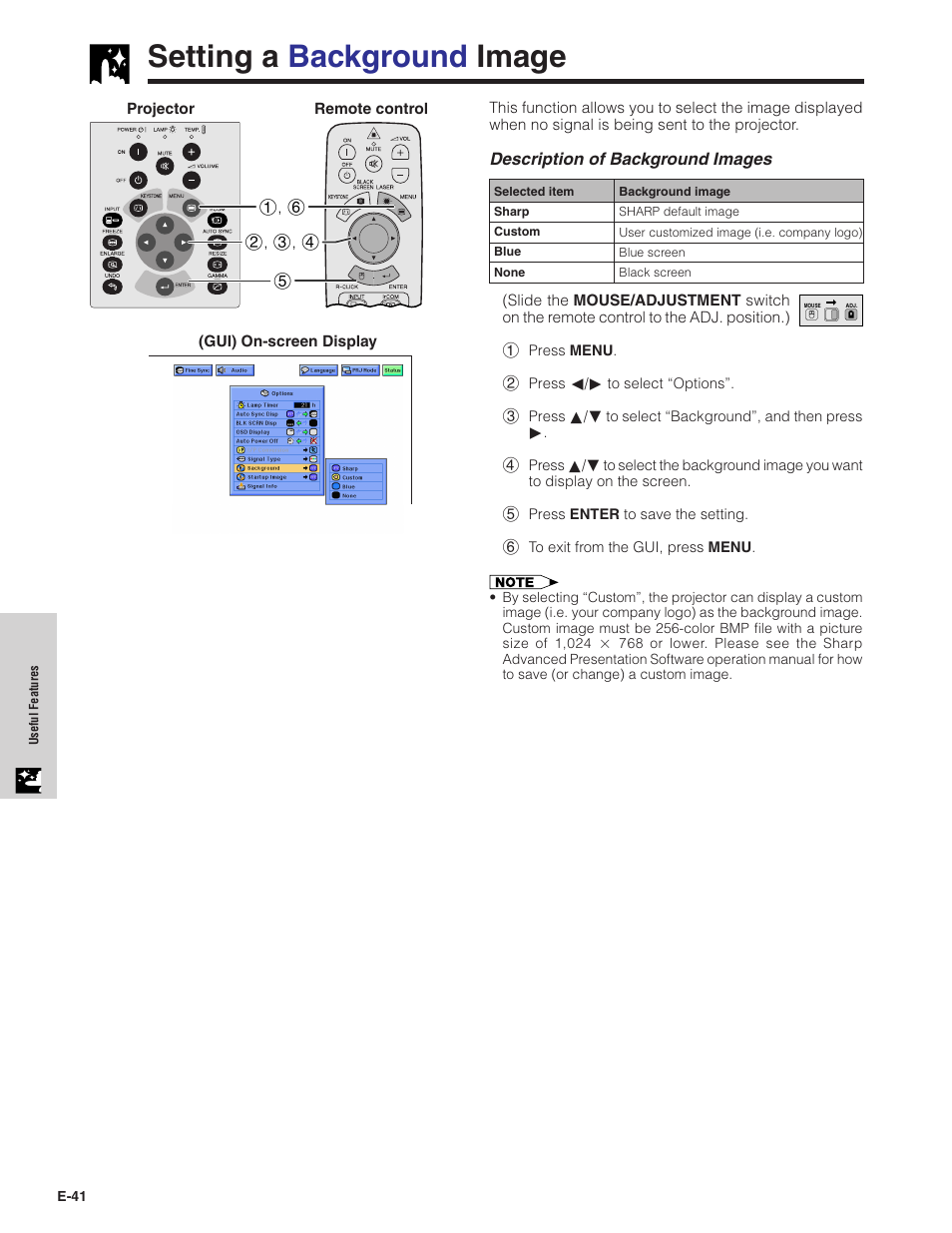 Setting a background image, Setting a background image …………………… 41, Setting a background ima ge | Sharp XG-NV7XU User Manual | Page 42 / 66