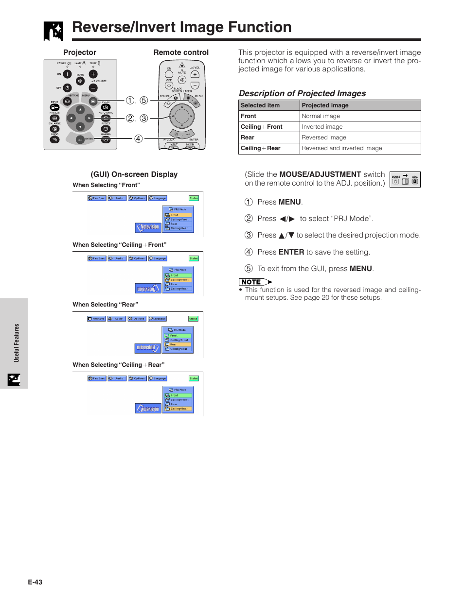 Reverse/invert image function, Reverse/invert image function ………………… 43, Description of projected images | Sharp XG-NV7XU User Manual | Page 44 / 66