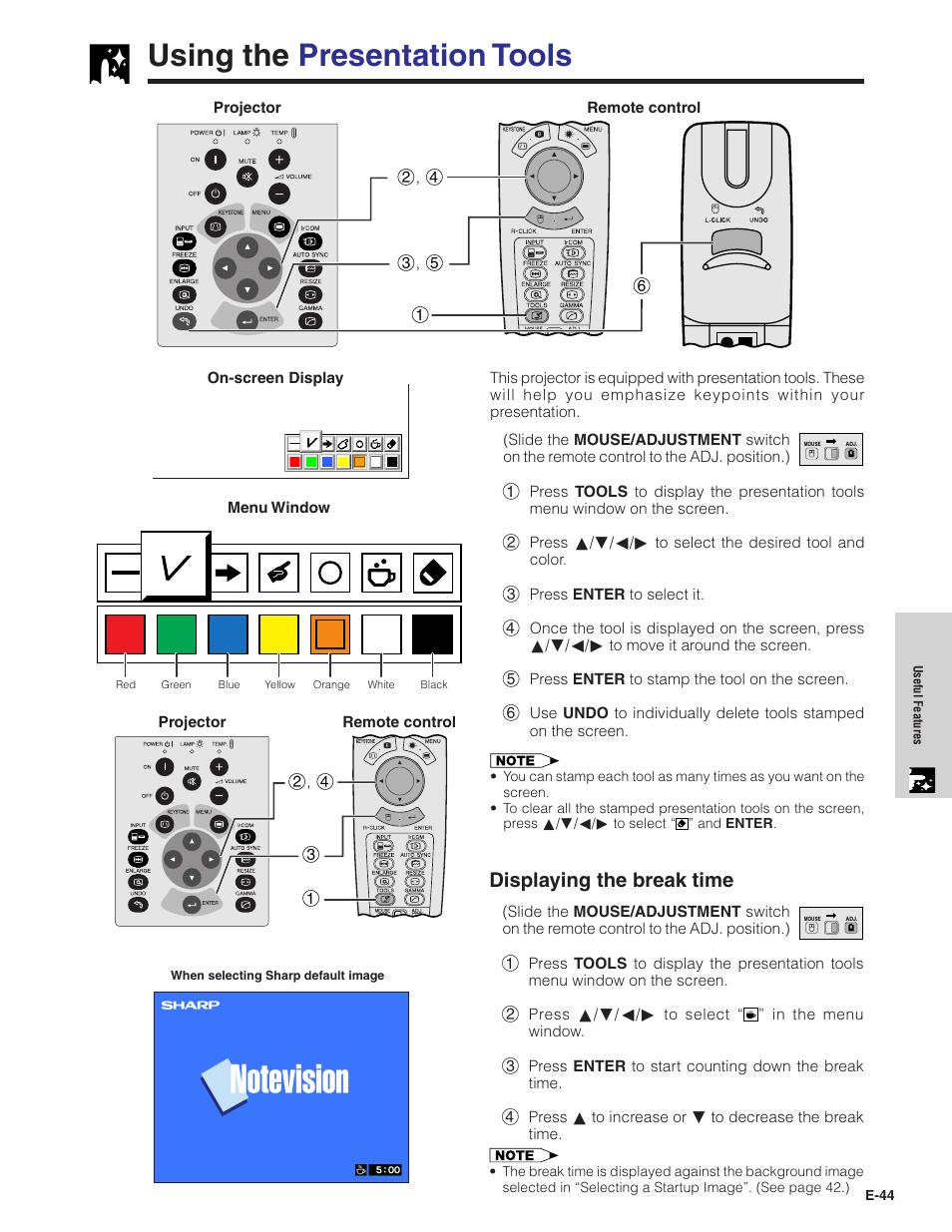 Using the presentation tools, Using the presentation tools …………………… 44, Displaying the break time | Sharp XG-NV7XU User Manual | Page 45 / 66