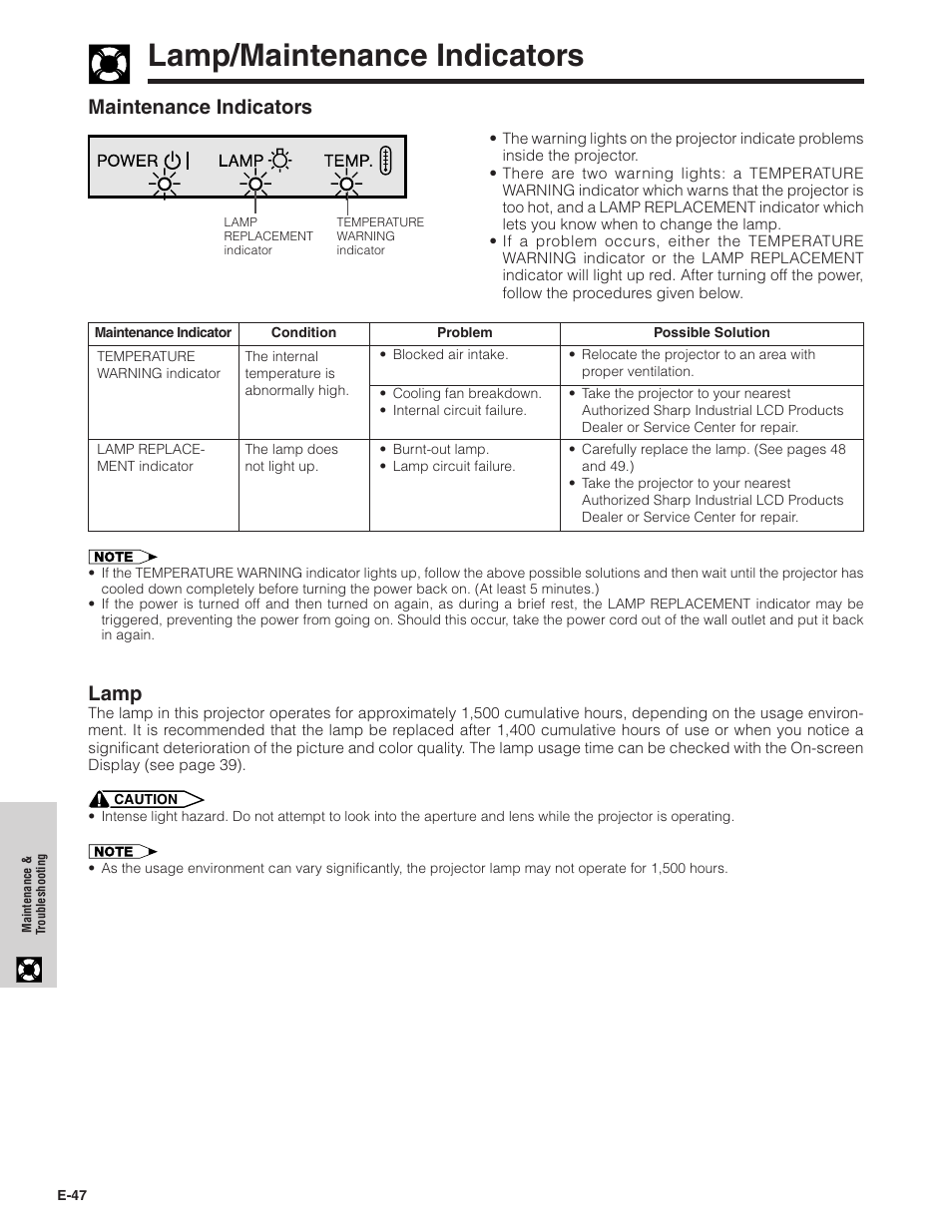Lamp/maintenance indicators, Maintenance indicators, Lamp | Sharp XG-NV7XU User Manual | Page 48 / 66