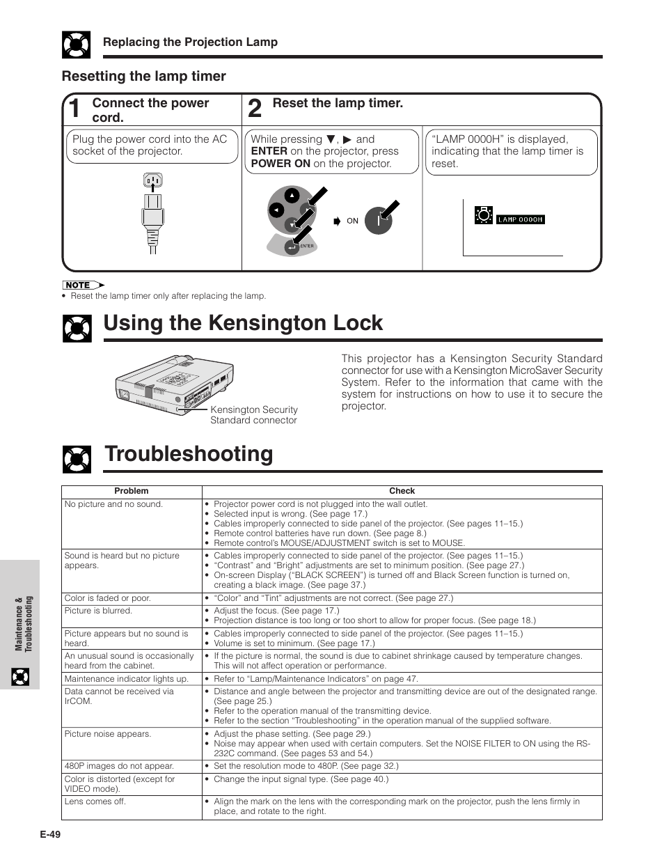 Using the kensington lock, Troubleshooting, Troubleshooting …………………………………… 49 | Resetting the lamp timer | Sharp XG-NV7XU User Manual | Page 50 / 66