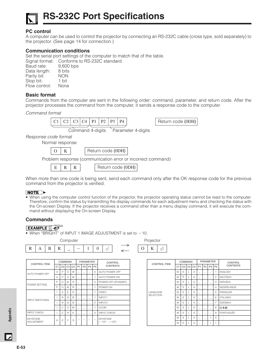 Rs-232c port specifications, Rs-232c port specifications …………………… 53, Pc control | Communication conditions, Basic format, Commands, E-53, Projector computer, Example | Sharp XG-NV7XU User Manual | Page 54 / 66