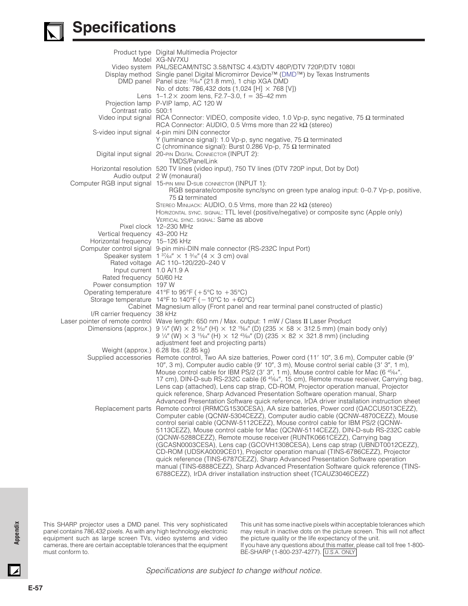Specifications, Specifications ……………………………………… 57 | Sharp XG-NV7XU User Manual | Page 58 / 66