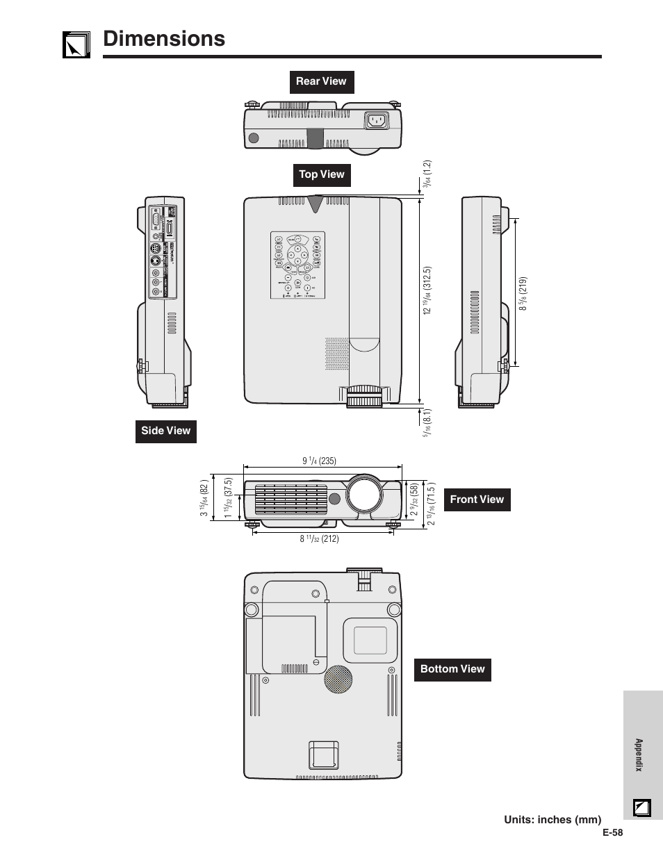 Dimensions, Dimensions ………………………………………… 58 | Sharp XG-NV7XU User Manual | Page 59 / 66