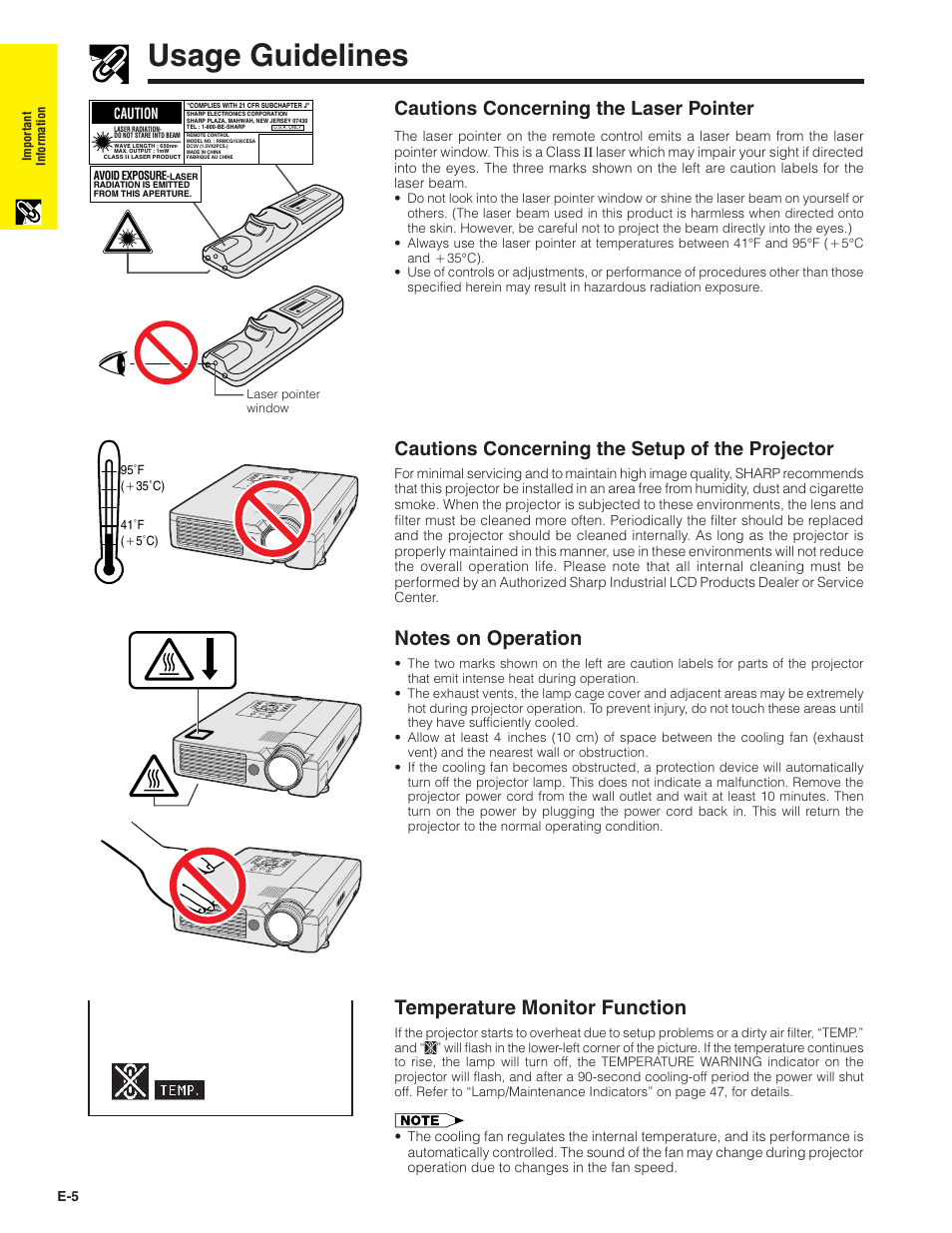 Usage guidelines, Temperature monitor function | Sharp XG-NV7XU User Manual | Page 6 / 66