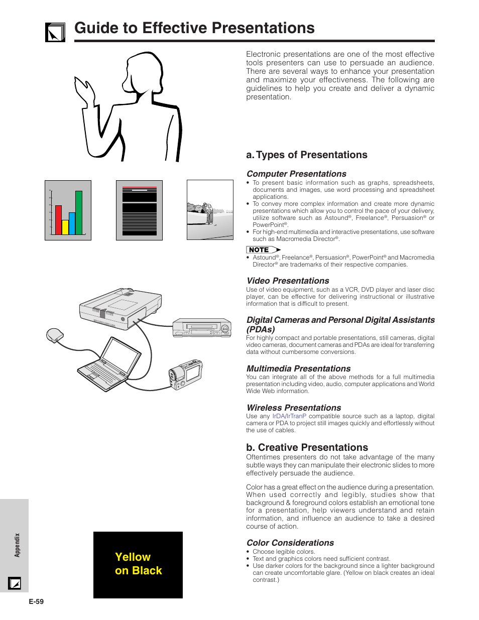 Guide to effective presentations, Guide to effective presentations ……………… 59, Yellow on black | A. types of presentations, B. creative presentations, Computer presentations, Video presentations, Multimedia presentations, Wireless presentations, Color considerations | Sharp XG-NV7XU User Manual | Page 60 / 66