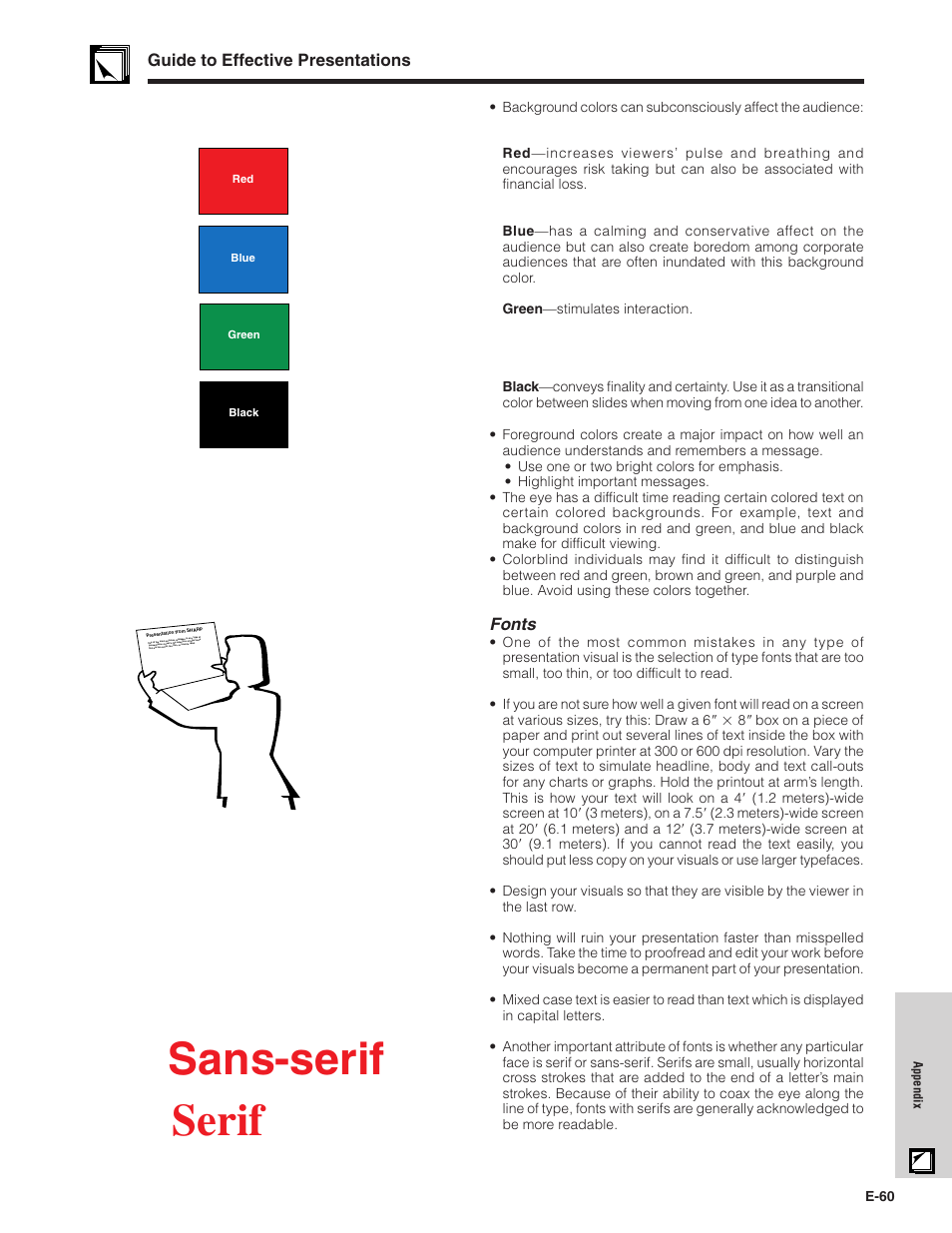 Sans-serif serif, Guide to effective presentations, Fonts | Sharp XG-NV7XU User Manual | Page 61 / 66