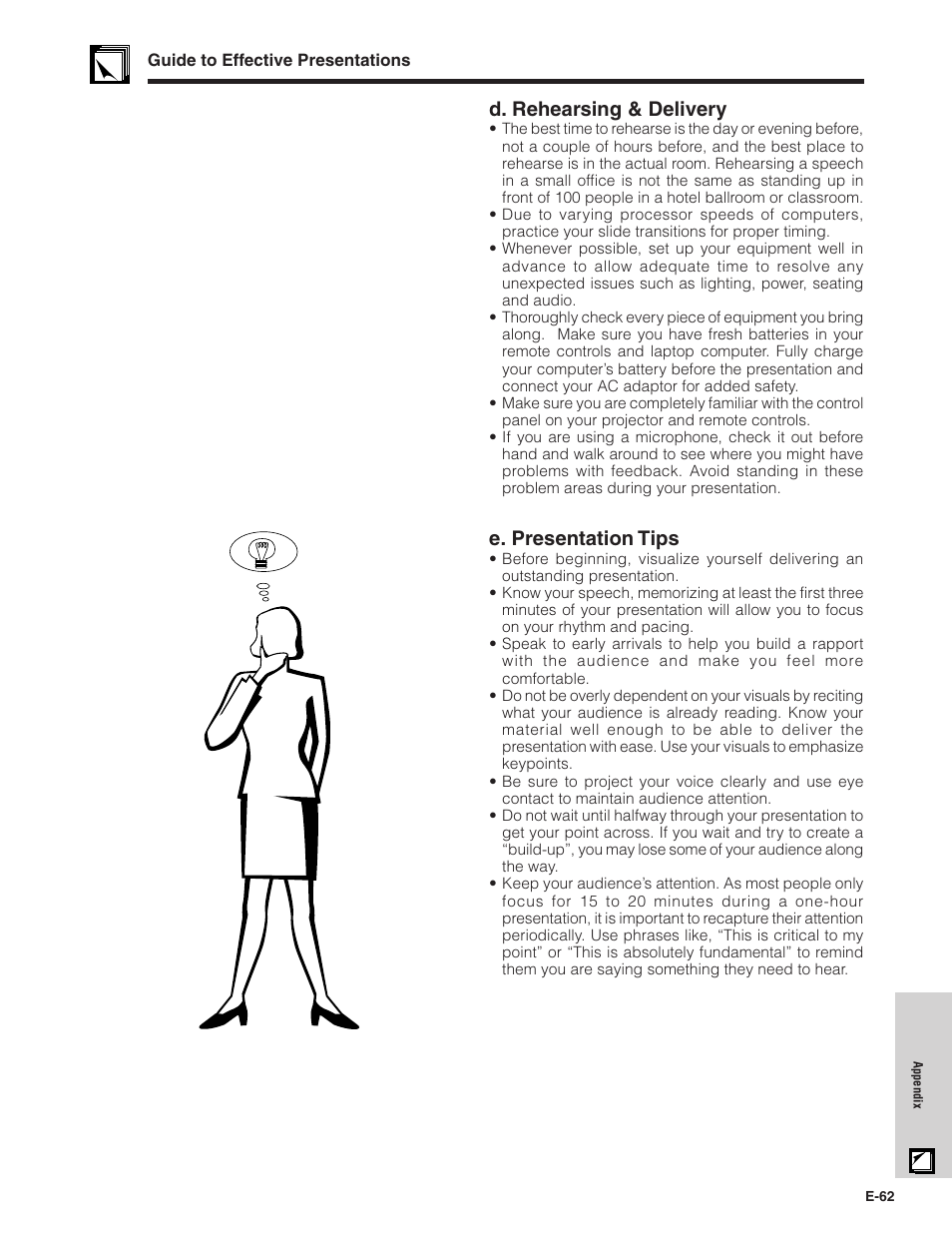 D. rehearsing & delivery, E. presentation tips | Sharp XG-NV7XU User Manual | Page 63 / 66