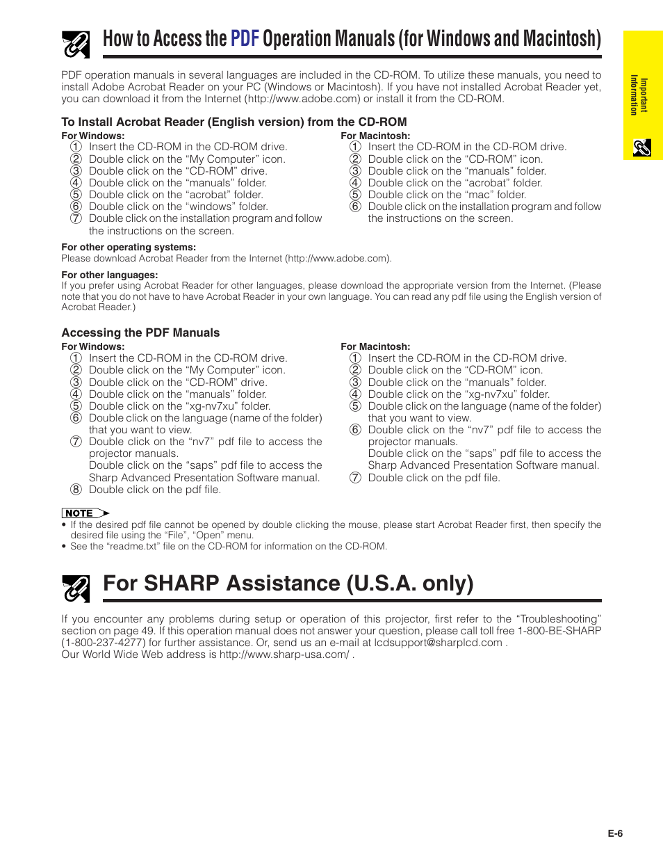 For sharp assistance (u.s.a. only), How to access the pdf operation manuals, For windows and macintosh) | Sharp XG-NV7XU User Manual | Page 7 / 66