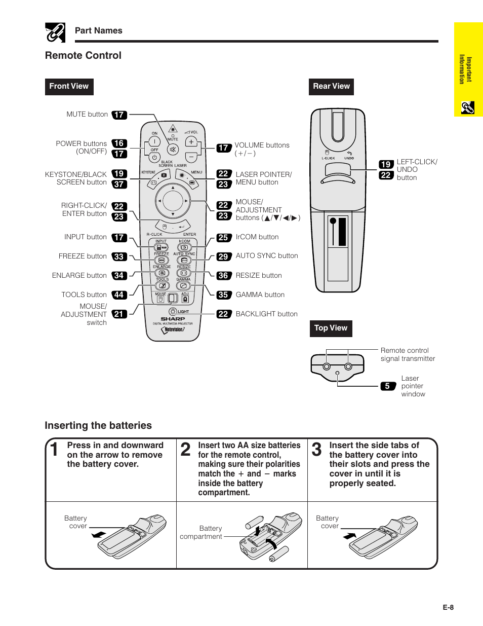Remote control, Inserting the batteries | Sharp XG-NV7XU User Manual | Page 9 / 66