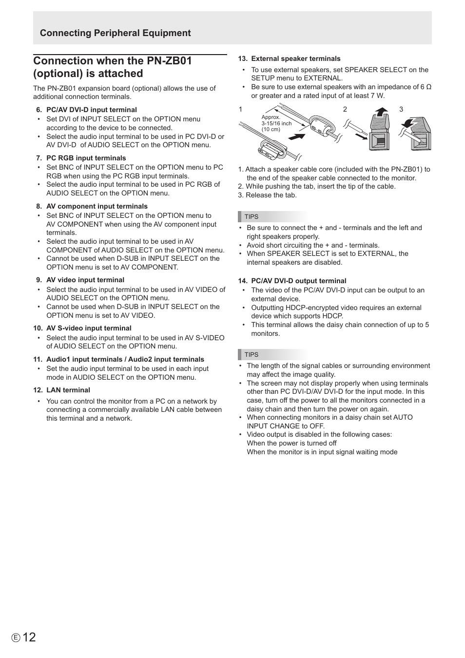 Connection when the pn-zb01 (optional) is attached, Connecting peripheral equipment | Sharp PN-E802 User Manual | Page 12 / 56