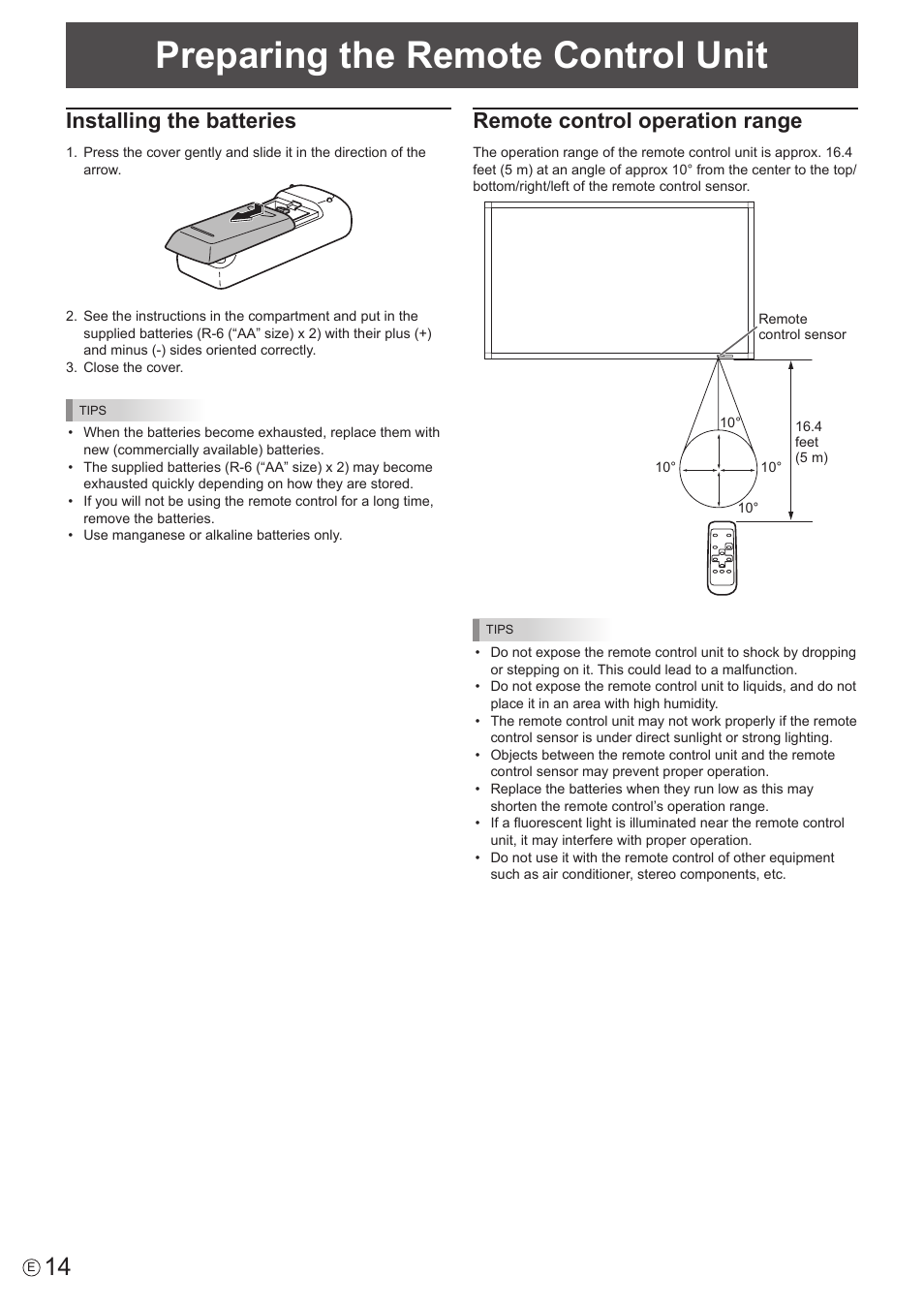 Preparing the remote control unit, Installing the batteries, Remote control operation range | Sharp PN-E802 User Manual | Page 14 / 56