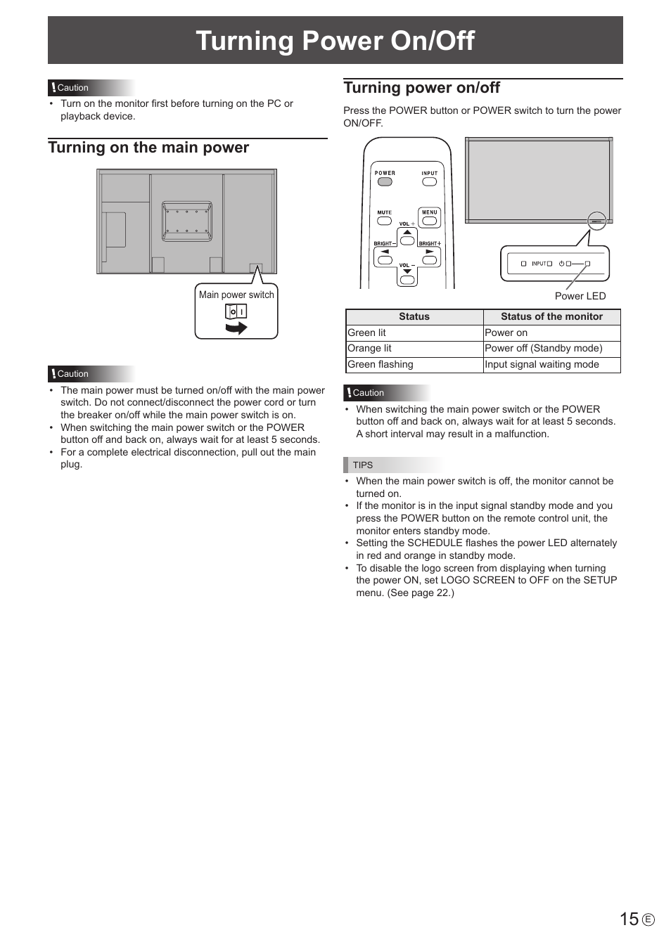 Turning power on/off, Turning on the main power | Sharp PN-E802 User Manual | Page 15 / 56
