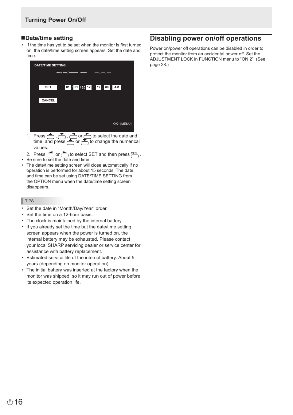 Disabling power on/off operations, Turning power on/off n date/time setting | Sharp PN-E802 User Manual | Page 16 / 56