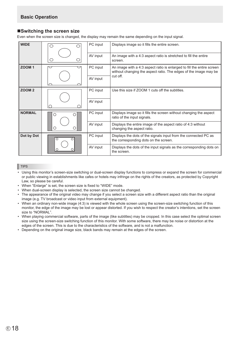 Basic operation n switching the screen size | Sharp PN-E802 User Manual | Page 18 / 56