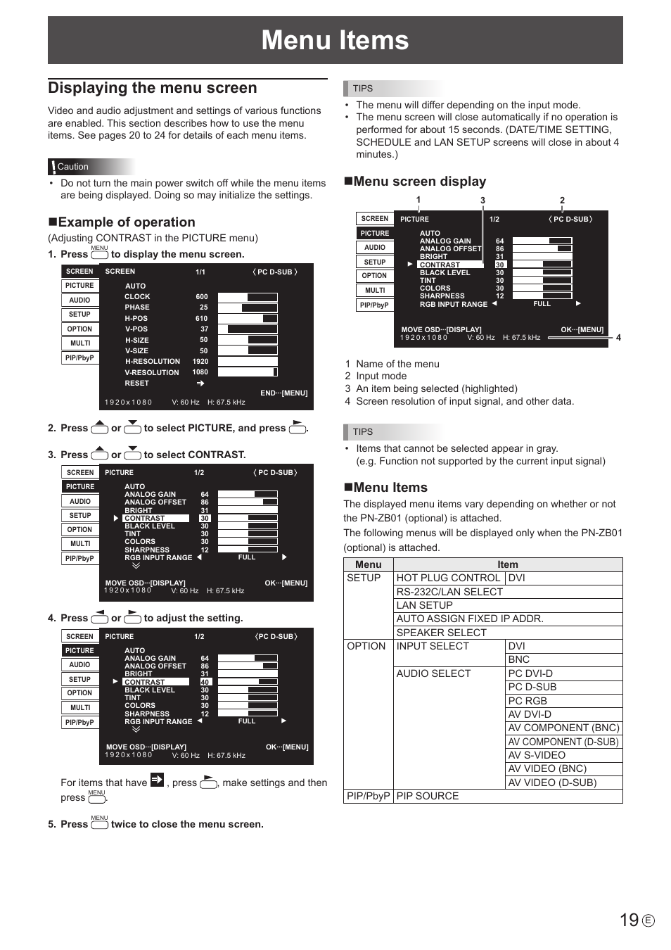 Menu items, Displaying the menu screen, Nexample of operation | Nmenu screen display, Nmenu items | Sharp PN-E802 User Manual | Page 19 / 56