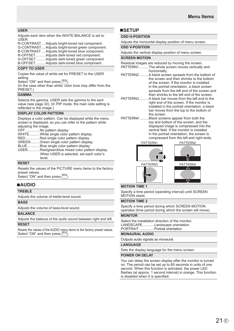 Naudio, Nsetup, Menu items | Sharp PN-E802 User Manual | Page 21 / 56