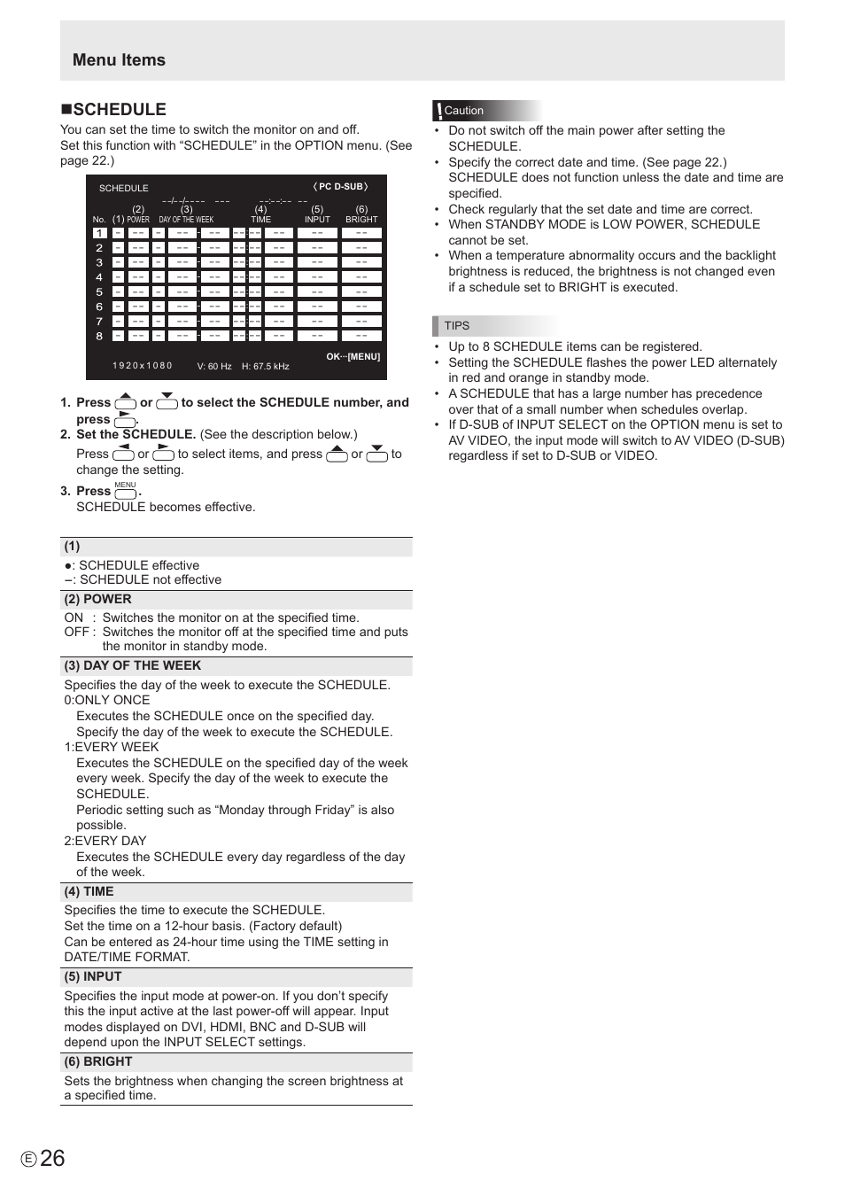 Nschedule, Menu items | Sharp PN-E802 User Manual | Page 26 / 56