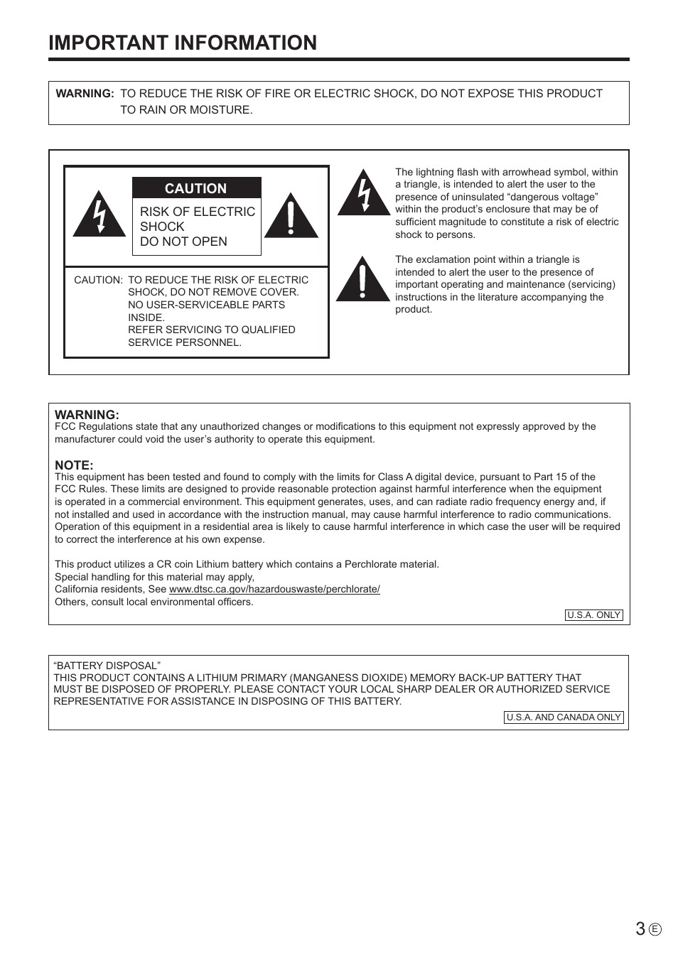 Important information, Caution | Sharp PN-E802 User Manual | Page 3 / 56