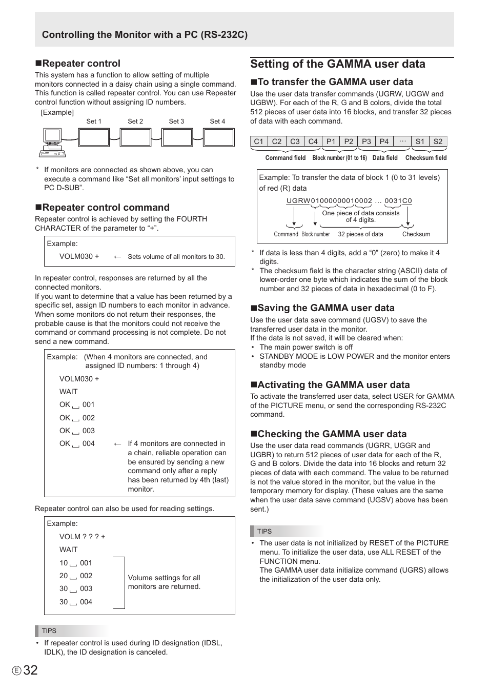 Setting of the gamma user data, Nrepeater control command, Nto transfer the gamma user data | Nsaving the gamma user data, Nactivating the gamma user data, Nchecking the gamma user data | Sharp PN-E802 User Manual | Page 32 / 56