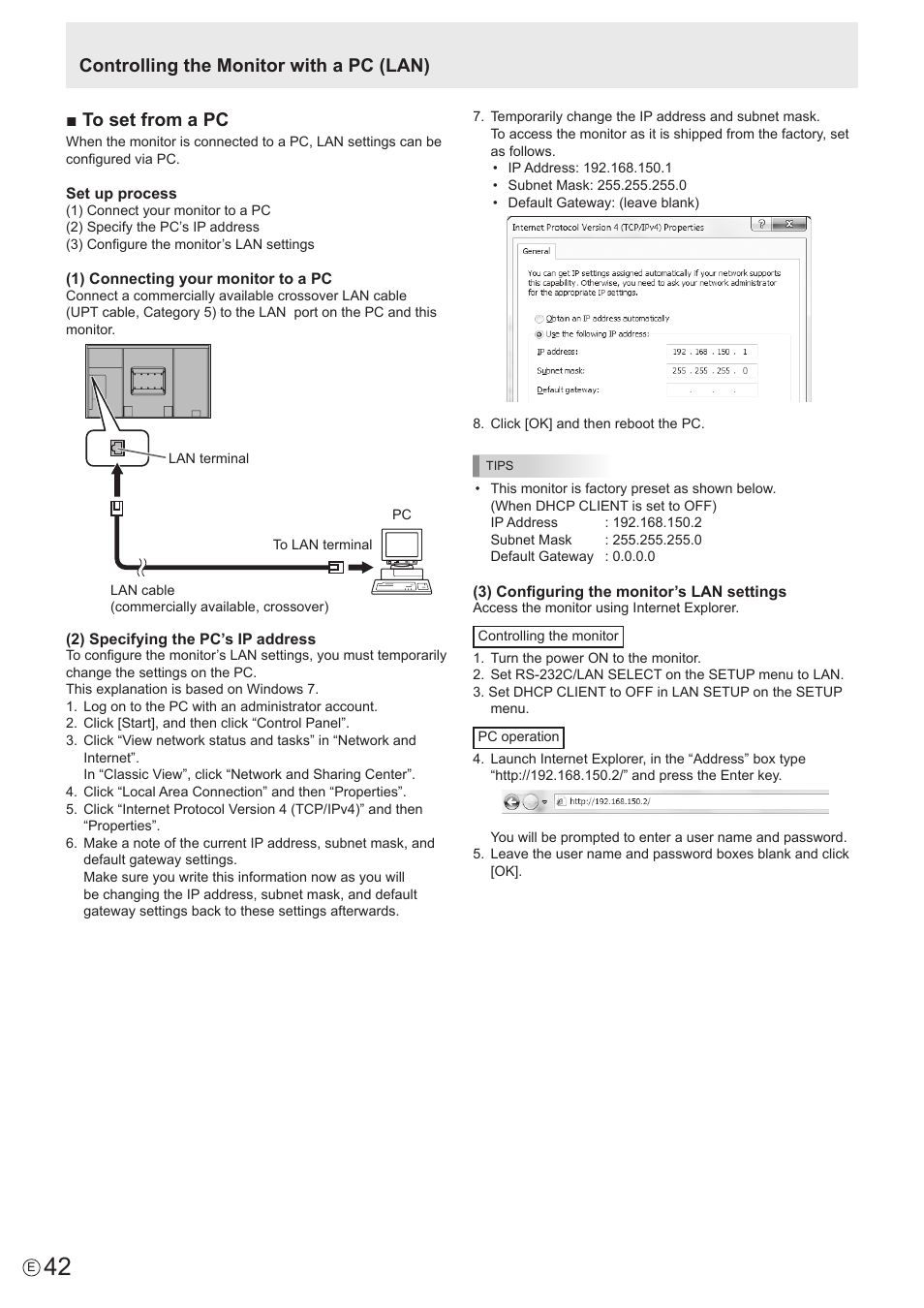 Controlling the monitor with a pc (lan) | Sharp PN-E802 User Manual | Page 42 / 56