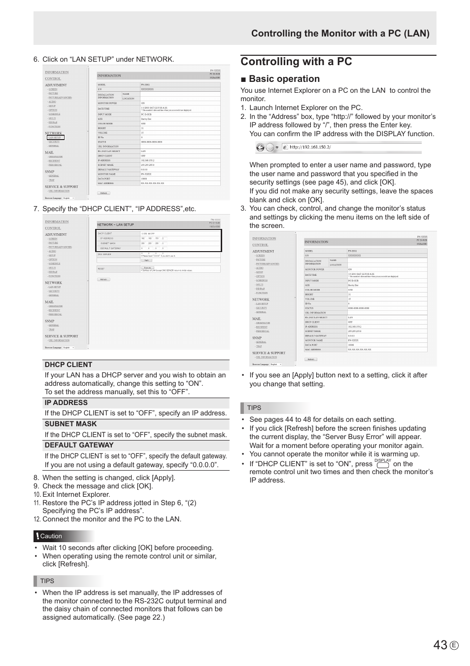 Controlling with a pc, Basic operation, Controlling the monitor with a pc (lan) | Sharp PN-E802 User Manual | Page 43 / 56