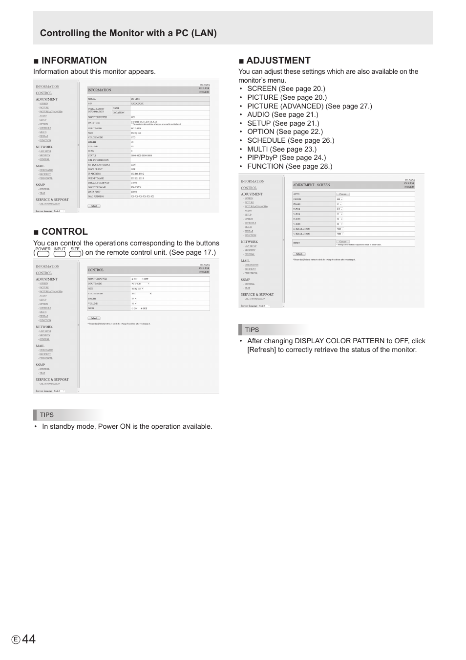 Information, Control, Adjustment | Controlling the monitor with a pc (lan) | Sharp PN-E802 User Manual | Page 44 / 56